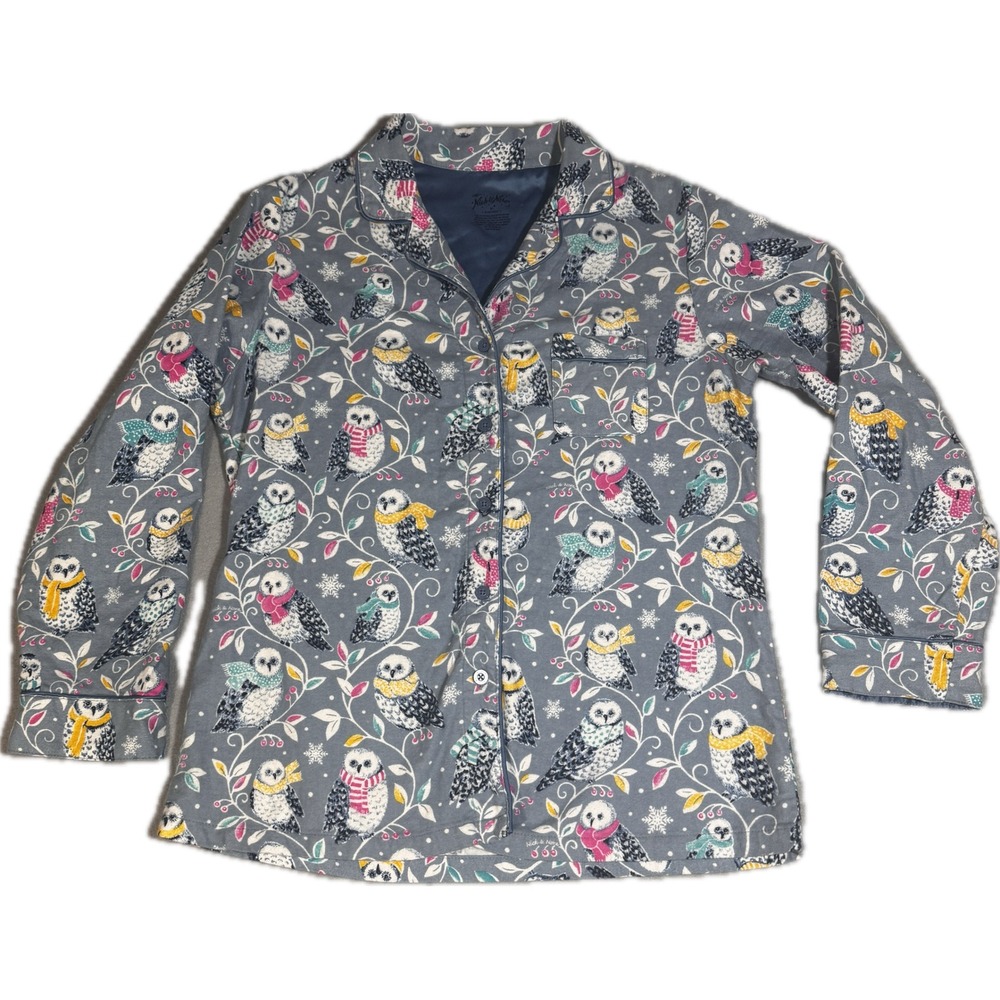 Nick & Nora Womens Blue Winter Owl‎ Flannel Pajama Top Button Down Size M
